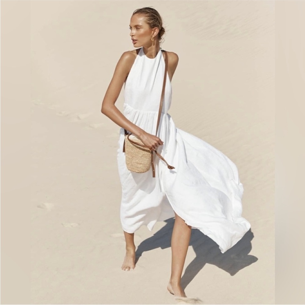 Dissh 100% Linen Cooper Halter Long Maxi Dress White- AUS 8, US 4